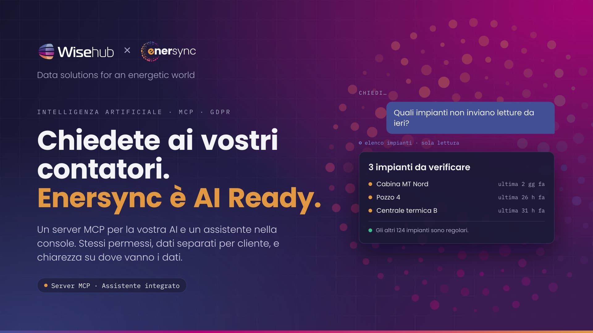 Enersync è AI Ready: una domanda in linguaggio naturale sui contatori e la risposta dell'assistente con gli impianti da verificare